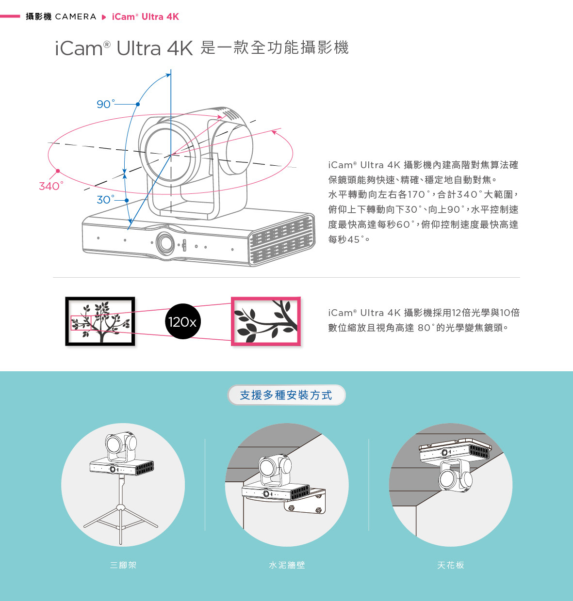 iCam Ultra 採用先進 AI 人形追蹤技術，可在單台攝影機下自動切換多位講者追蹤，或由多台攝影機分工追蹤不同對象，確保畫面不混淆不中斷，特別適用於教育講座、研討會與實況轉播，搭載 4K 高解析畫質與精準追焦與定位演算，免人力控鏡也能同步拍攝多位講者，是自動化錄影系統中不可或缺的專業級 4K 自動追蹤攝影機。